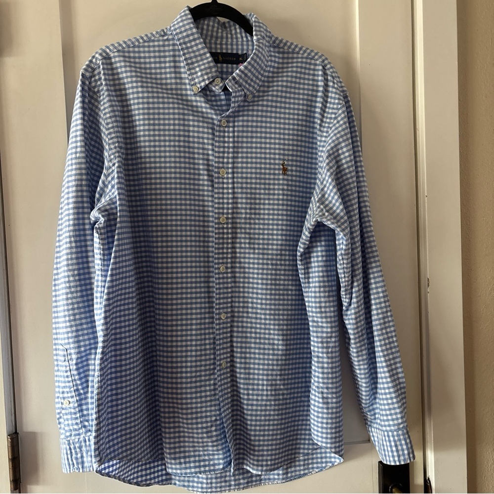 Ralph Lauren Blue and White Casual Button Down Shirt Gingham. Great shirt!